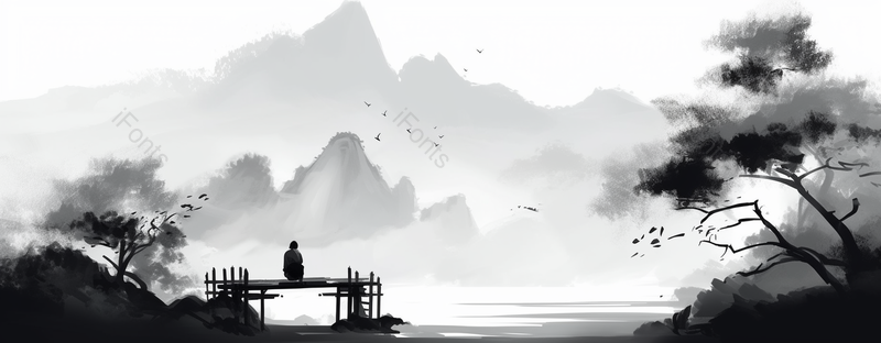 人在桥上望着远方中国风山水水墨画背景,插画/手绘图,插画/手绘图库,插画/手绘图下载,插画/手绘